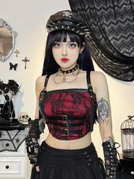 Women's Tanks Gothic Punk Buckle Tank Tops Vintage Lace Patchwork PU Leather Bustier Crop Top Camisole Aesthetic Streetwear