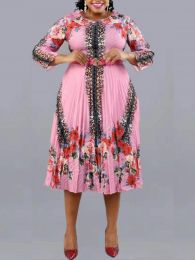 Dress Women Print Dress Pleated Leopard Elegant Office Ladies Classy Work Wear Spring Summer Three Quarter Sleeve African Female Robes