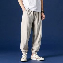 Pants 2023 New Spring and Summer Thin Cotton Hemp Fashion Trendy Men's Sports Loose High Waist Pocket Tied Men's Casual Pants