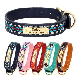 Collars Tribal Dog Collar Personalized Leather Dog Collars Ethnic Embroidery Handmade Pet Collars ID Tag for Small Medium Large Dogs Pug