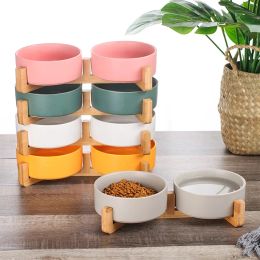 Feeding Ceramic Pet Bowl Dish With Wood Stand No Spill Pet Ceramic Double Bowl For Dog Cat Food Water Feeder Cats Small Dogs Pet bowl