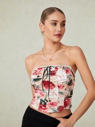 Women's Tanks Strapless Tank Tops Ladies Floral Print Lace Trim Off Shoulder Slim For Women Summer Flower Camisoles