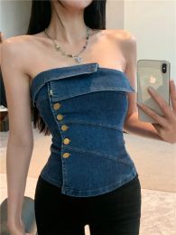 Camis Summer Denim Tube Crop Top Girl Slash Collar Strapless Camis Female Buttons Sweet Hot Irregular Camisole For Slim Women