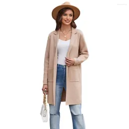 Women's Knits Women Fashion Causal Cardigan Sweater Lapel Collar Long Sleeve Open Front Mid-Thigh Length Loose Fit Elegant Jackets