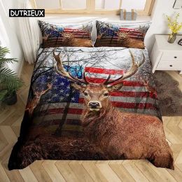 Set Deer Duvet Cover American Flag Elk Decor Bedding Set for Boys Teens Wild Animal Theme Comforter Cover Soft Polyester Quilt Cover Sheer Curtains