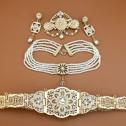 Sunspicems Arabic Bride Jewellery Sets For Women Gold Colour Bead Pearl Choker Necklace Caftan Waist Belt Earring Morocco Brooch 240220