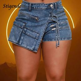 Jeans Summer Sexy Patchwork Irregular Waist Women Pocket Zipper Denim Shorts Fashion Adjustable Slim Fit Cargo Pants