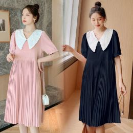 Dresses Maternity Dresses Summer Chiffon Fashion Doll Collar Dress Plus Size Pregnancy Loose Pleated Dress Clothes for Pregnant Women