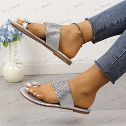 Slippers Women Rhinestone Decor Slide Sandals Casual Loop Toe Flat Summer Shoes Lightweight Slide Sandals T240302