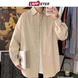 LAPPSTER Men Solid Vintage Long Sleeve Harajuku Shirts Mens Japanese Streetwear Causal Shirts Man Button Up Oversized Shirt 240223