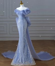 2023 Off the Shoulder Sequin Beaded Mermaid Formal Gown Custom Made Bowknot Back Blue Prom Dress for Women 240227