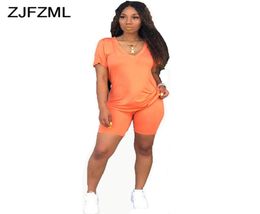 Neon Orange Casual Two Piece Set Sexy Club Outfits Women V Neck Short Sleeve T Shirt And Biker Shorts Sweat Suits Matching Sets5077960