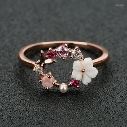 Wedding Rings 2024 Fashion Creative Butterfly Flowers Crystal Finger For Women Girls Rose Gold Colour Zircon Jewellery Gift Bijoux