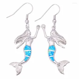 Dangle Earrings 925 Sterling Silver Opal Mermaid Drop Green Blue Fire Women Pendientes
