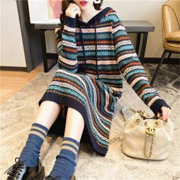 Dress 2023 New Autumn Mid length Striped Over Knee Woollen Dress Women's loose fitting long sleeved hooded pullover sweater dress dress