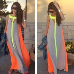 Basic Casual Dresses Fahion Chiffon Bright Colour Patchwork Casual Dresses Sleeveless Sundress Long Dress Cheap Maxi Dresses 240302