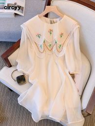 Dress Circyy White Dress Women Summer Peter Pan Collar Sweet Mesh Fabric Half Sleeve Embroidery Floral Chic Loose Vestido Feminino New