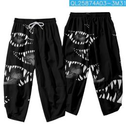 Pants Cartoon Demon Mouth Printed Black Men Japanese Harem Trousers Casual Elastic Waist Kimono Cropped Pants Streetwear