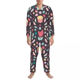 Men's Sleepwear Cartoon Chicken Autumn Easter Egg Print Retro Oversize Pajama Sets Men Long Sleeves Comfortable Night Custom Home Suit