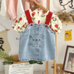 Dresses Dog Pet Clothing Vintage Jean Suspender Dress for Dogs Clothes Cat Small Flower Print Thin Spring Summer Yorkshire Accessories
