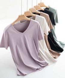 T-Shirts MRMT 2023 Brand New Women's Mulberry Silk Mercerized Cotton T Shirt Women TShirt Loose Simple V Neck Slim Short Sleeve Top Tees