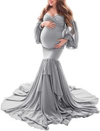 Dresses Solid Colour Sexy Shoulderless Maternity Dresses Photoshoot Ruffles Pregnancy Pregnant Women Dress Photography Props