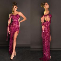 Sequins Beaded Prom Dresses Nude Sheer Neck Mermaid Evening Gowns Custom Made Side Split Formal Ocn Dress