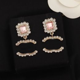 Luxury quality charm drop earring with diamond and pink Colour black design have stamp box square PS3048B