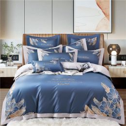 Set 140 Thread Count Long Staple Cotton 4Pcs Duvet Cover Flat Sheet Pillowcase Luxury Home Textile High Grade Embroidered Bedding Sheer Curtains