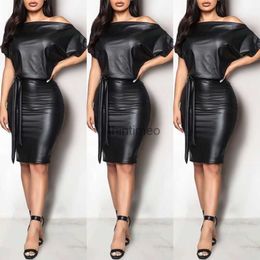 Basic Dresses Dresses Black Asymmetrical Sexy Faux Leather Dress Women Summer Long Sleeve Knee Length Pencil 240302