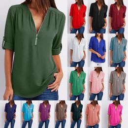 Women's Blouses Dinboa-2024 Platform V-neck Zipper Medium Long Sleeve Solid Commuter Printed Chiffon Top Shirt
