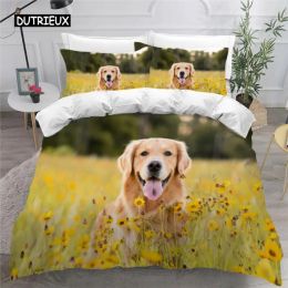 Set Golden Retriever Duvet Cover Pet Dogs Bedding Set with Pillowcases 3D Printed Microfiber Animals for Kids Girls Boys Sheer Curtains