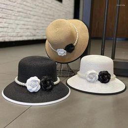 Berets Japanese Style Fragrant Pearl Flower Dome Straw Hat For Mothers Girls Summer Beach Holiday Sunhat Head Wear