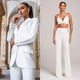 Pearls Beads Women Pants Suits White Slim Fit Fashion Show Ladies Blazer Jacket Guest Wear 3 Pieces