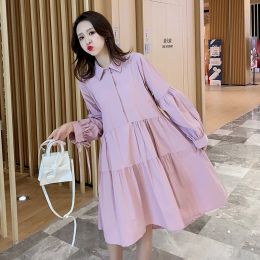 Dresses 8002# Maternity Clothes Spring Autumn Cotton Nursing Solid Colour Long Sleeves Loose Stylish Dress for Pregnant Women