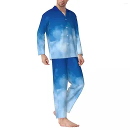 Men's Sleepwear Soft Cloud Pyjama Sets Deep Blue Sky Print Cute Couple Long Sleeve Vintage Leisure 2 Piece Home Suit Plus Size 2XL