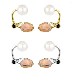 Stud Earrings Poulisa Pink Enamel Flower Pearl S925 925 Sterling Silver For Women Tulip Studs Earring Gold Plated Hypoallergenic