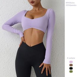 Active Shirts Yoga Crop Tops Women Sports Long Sleeve With Chest Pads&Thumb Hole Nylon High Stretchy Soft Fitness T-Shirts Activewear