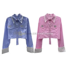 Rhinestone Button Shirts Women Stripe Print Blouses Crystal Letter T Shirt Spring Summer Tees