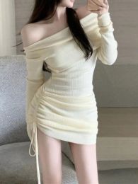 Dress Off Shoulder white Long Sleeve Knitted Dress Women's Spring 2023 New Spicy Girl Drawstring Pleated Waist Wrap Hip Skirt 1PGE