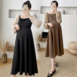 Dresses 8935# 2022 Spring Korean Fashion Maternity Long Party Dress Elegant A Line Slim Clothes for Pregnant Women Pregnancy Chic Ins