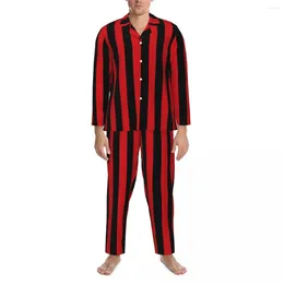 Men's Sleepwear Vertical Striped Pyjama Set Red And Black Stripes Kawaii Men Long Sleeve Vintage Home Two Piece Suit Big Size