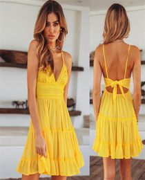 Boho Lace Mini Dress Women Summer Sexy V Neck Crochet Spaghetti Strap Backless Bandage Short Female Solid Beach es 2205269281407