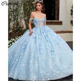 Light Blue 3D Flowers Beading Ball Gown Quinceanera Dresses Off The Shoulder Appliques Lace Ruffles Corset Vestidos De 15 Anos