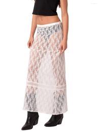 Skirts Women Floral Lace Maxi Skirt Y2k Low Waist See Through Wrap A Line Pencil Long Fairy Streetwear