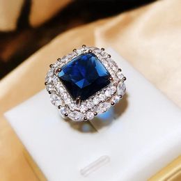 Cluster Rings 925 Silver Luxury Set Princess Square Diamond Opening Ring Women's Fashion Tanzanite Sapphire Engagement