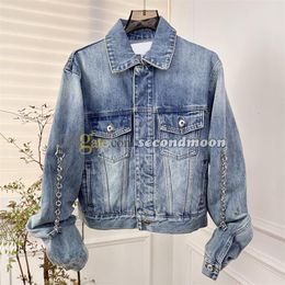 Chain Decoration Jacket Women Denim Jackets Lapel Neck Blue Coat Street Style Jean Outerwear