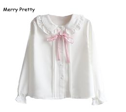 Merry Pretty Women Blouses Girls Autumn Long Sleeve Peter Pan Collar Pink Bowknot White Chiffon Blouse Shirt School Uniform Top 203078560