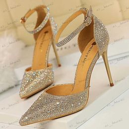 Sandals Sexy Women 10cm High Heels Sandals Wedding Glitter Bridal Heels Champagne Gold Pumps Fetish Stiletto Crystal Glitter Strap Shoes T240302