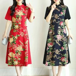 Dresses 2022 Traditional Chinese New Year Cheongsam Dress Women Half Sleeve Floral Printed Qipao Elegant Oriental Long Chinese Dress